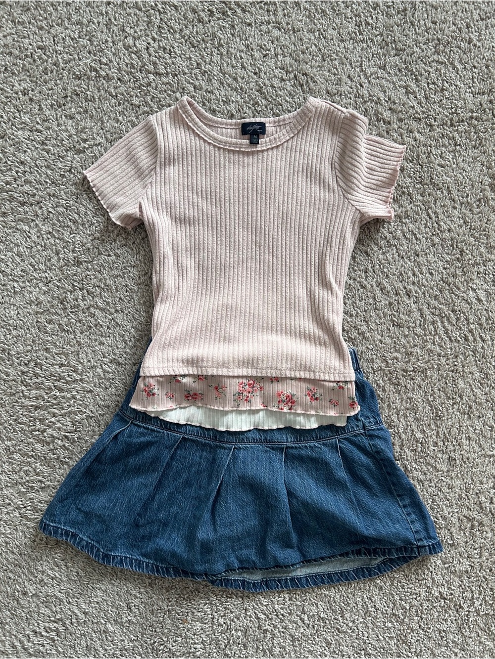 abercrombie kids pleated jean skort + Pink Ribbed Short Sleeve 2-fer Top Outfit